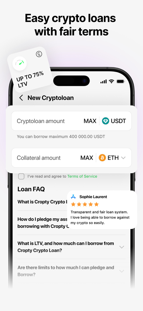 Cropty wallet – Bitcoin & USDT - Interface of the Cropty Wallet app showing the crypto loan setup with ETH collateral and USDT borrowing options.