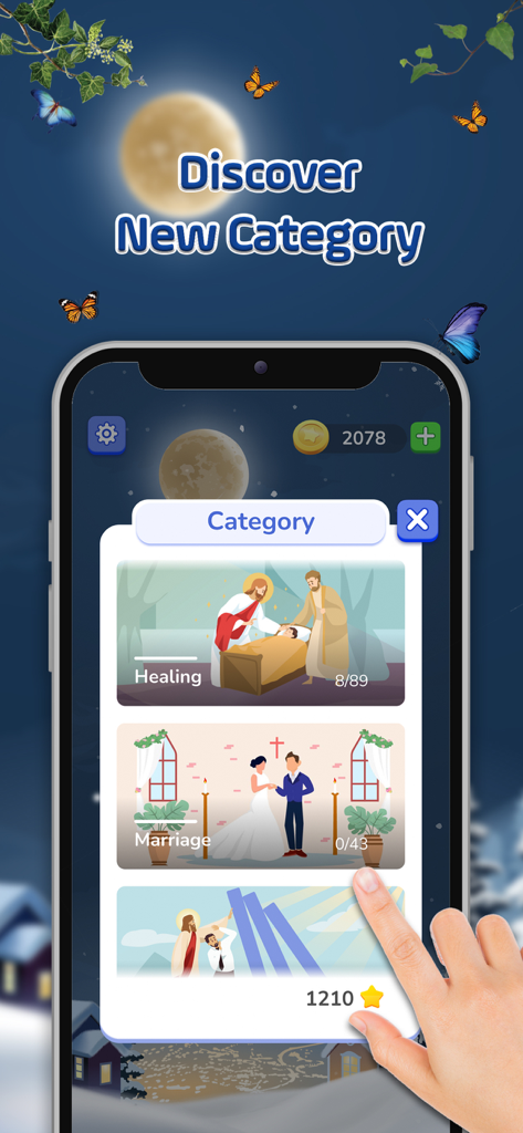 Bible Crossword Games - Selecting a Bible study category like Healing or Marriage in the Bible Crossword Games app