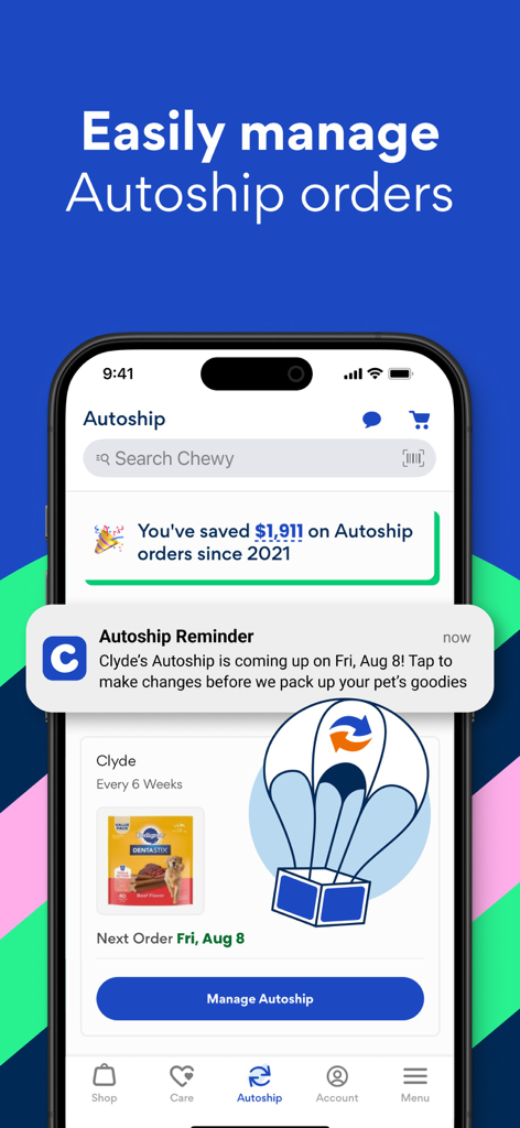 Chewy - Pet Care & Pharmacy - Interfaccia dell'app mobile Chewy che mostra la gestione dell'abbonamento al cibo per animali e una notifica di promemoria della consegna autoship