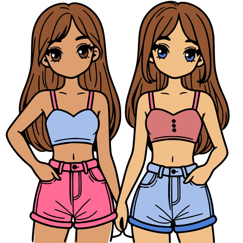 two sisters with crop tops and jean shorts and straight hair