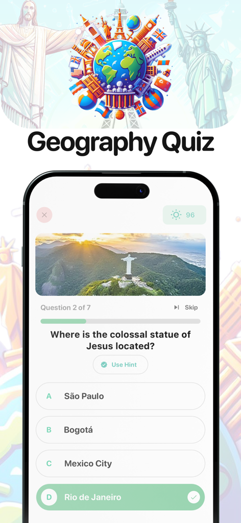 Ein Screenshot der Geografie: Weltenquiz-App, der eine Quizfrage zur Lage der Christusstatue mit Rio de Janeiro als richtige Antwort anzeigt.