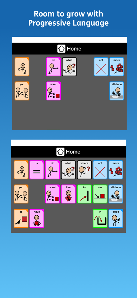 Proloquo2Go AAC - Comparison of simple and advanced home screen layouts showing progressive language in Proloquo2Go
