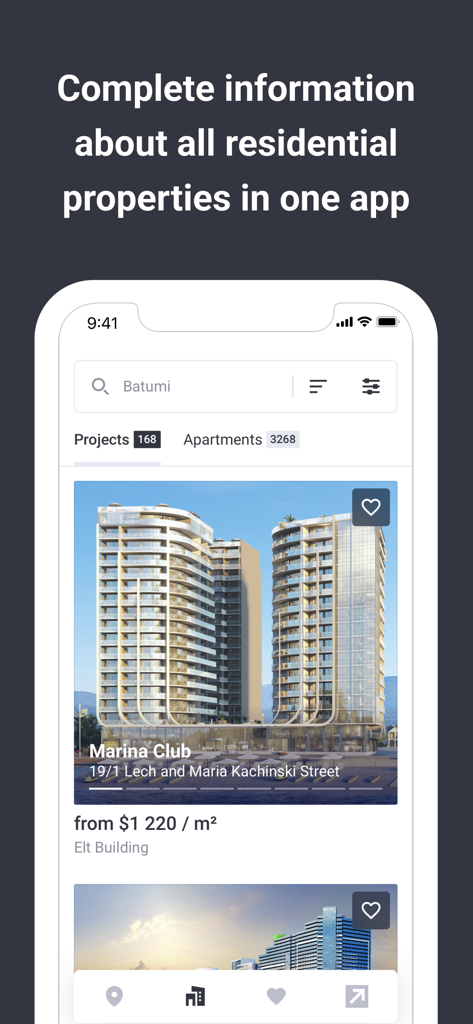Résultats de recherche de l'application Korter montrant des projets d'appartements résidentiels à Batumi, Géorgie