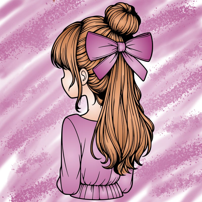 realistic girl  with hip length hair a bun and a big bow on the back of head