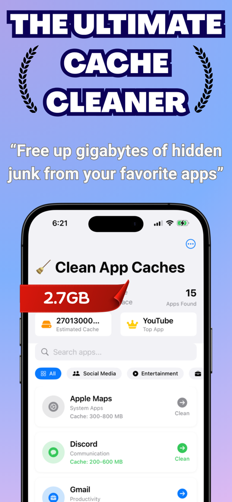 Swift Clear: Cache Cleaner - Interfaz de la aplicación Swift Clear que muestra caché basura oculta de múltiples aplicaciones móviles con un botón de limpieza