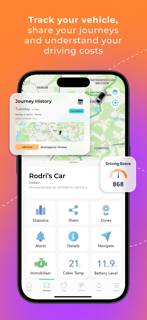 Letstrack - Family App - Letstrack app interface showing vehicle tracking dashboard with journey history driving score and car status metrics
