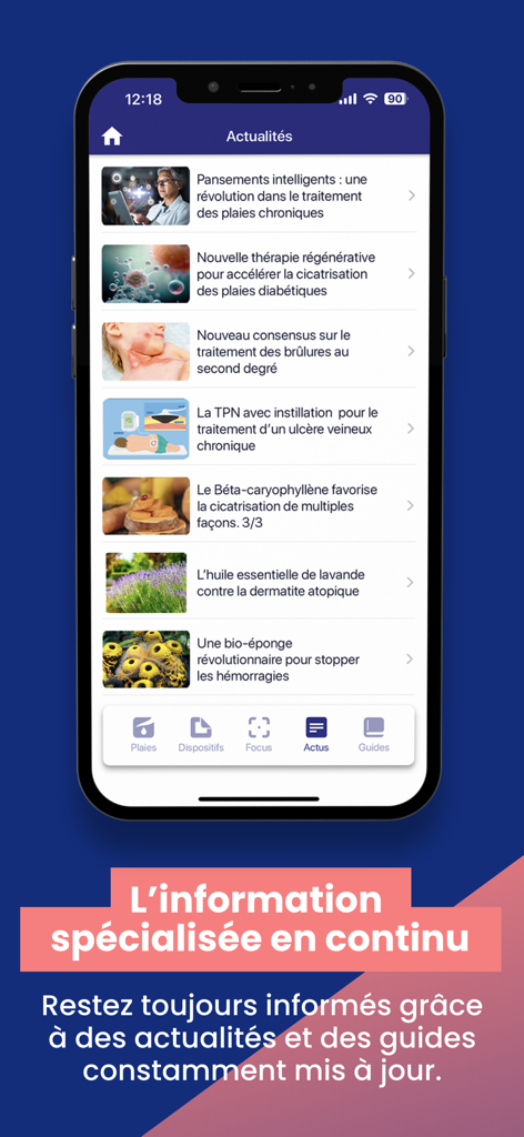 La section « Fil d’actualités » de l’application mobile e-Pansement présente des articles médicaux et des informations spécialisées sur les soins des plaies.