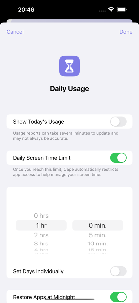 Daily screen time limit setting interface in the Cape app showing a one hour timer selection.