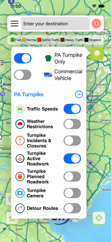 511PA - 511PA mobile app interface showing a real-time traffic map and customizable Pennsylvania Turnpike filter settings