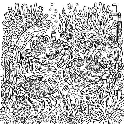 Discover an extraordinary underwater world with our Steampunk Reef Crabs coloring page. Intricate designs blend mechanical marvels with marine life for a truly unique artistic challenge.
