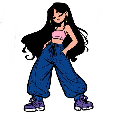 girl in baggy pants crop top and long hair