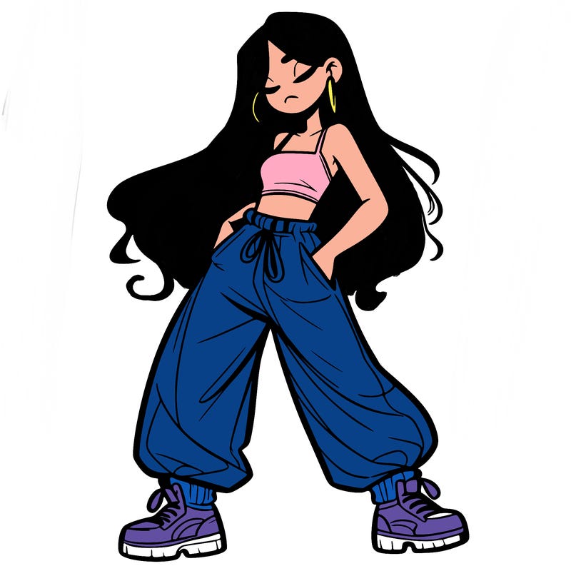girl in baggy pants crop top and long hair