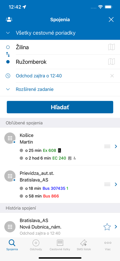 Search screen of Cestovne poriadky CP app showing transit route planning from Zilina to Ruzomberok