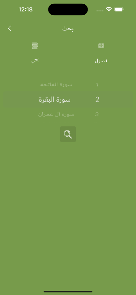 Arabic Quran Offline - Navigation screen of the Arabic Quran Offline app showing a list of Surahs in Arabic.