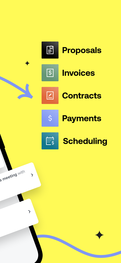 Une liste des fonctionnalités de l'application HoneyBook, comprenant les propositions, les factures, les contrats, les paiements et la planification.