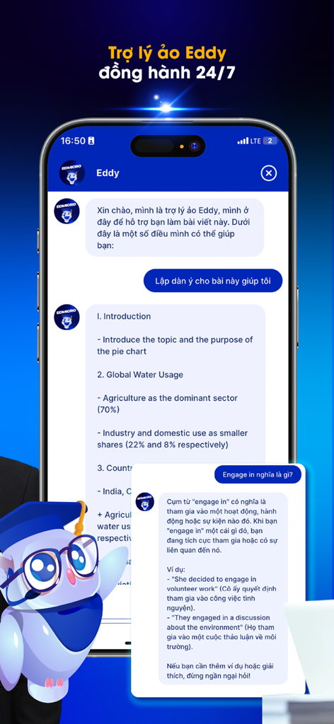 Edmicro IELTS - AI virtual assistant Eddy in the Edmicro IELTS app helping with writing outlines and vocabulary