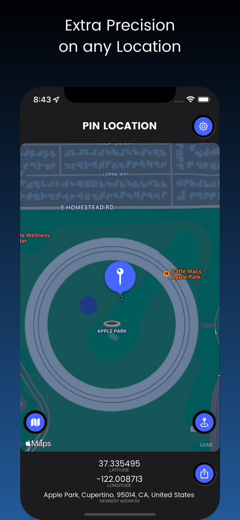 myLocation - GPS Coordinates - myLocation app screen displaying a pinned location with precise latitude and longitude coordinates