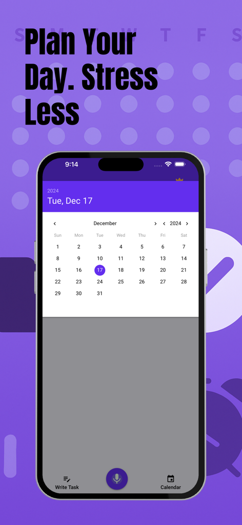 Check List Voice Tasks & Lists - Tela do smartphone mostrando a visualização de calendário do aplicativo Check List Voice Tasks.