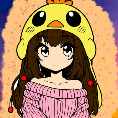 anime girl with chick shaped hat with sweater with bare shoulders with bangs covering them one eye with low tail