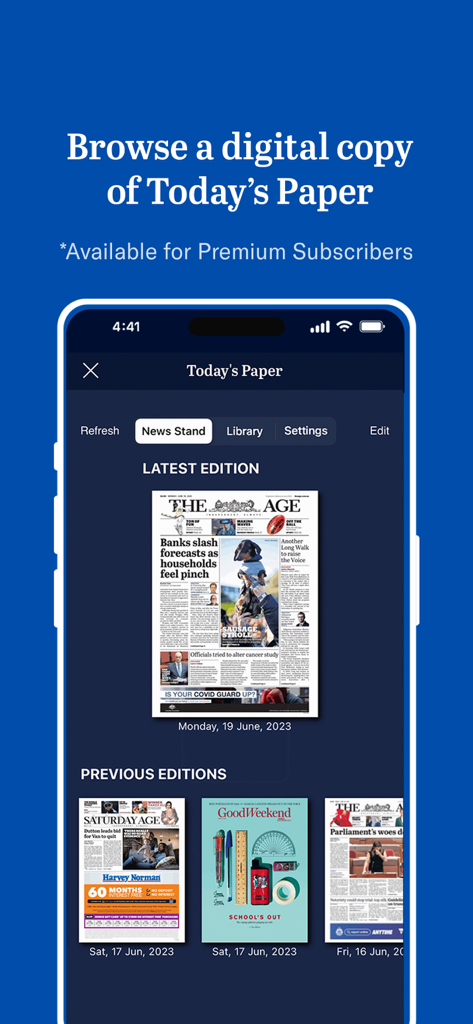 Die Benutzeroberfläche der The Age App, die einen digitalen Zeitungskiosk mit den neuesten und früheren Ausgaben der Zeitung zeigt.