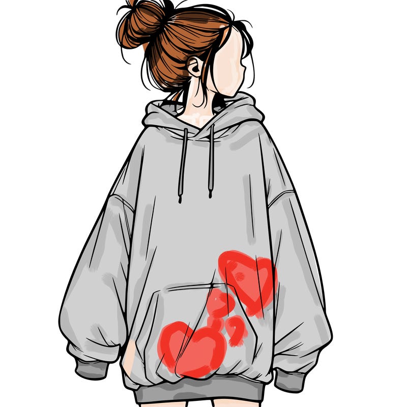 realistic girl with a oversized sweatshirt on and a bun