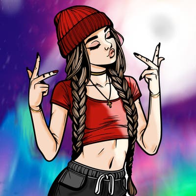 realistic teenage girl with braids and a beanie and crop top doing 🫶🏼