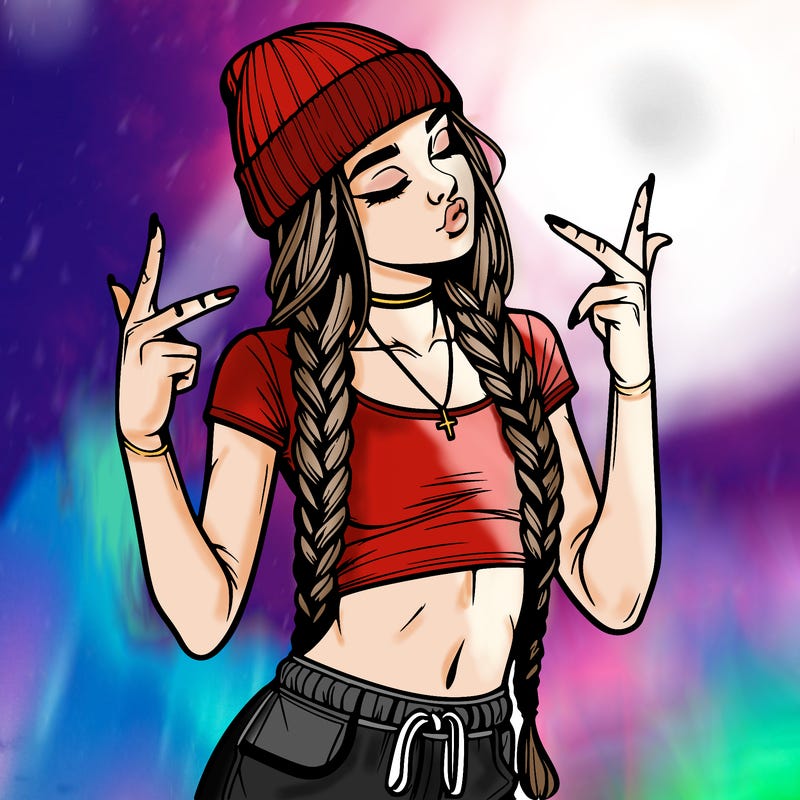 realistic teenage girl with braids and a beanie and crop top doing 🫶🏼
