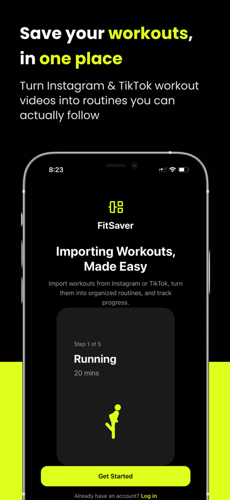 FitSaver: Workout Organizer - FitSaver app onboarding screen showing how to turn social media workout videos into organized routines.