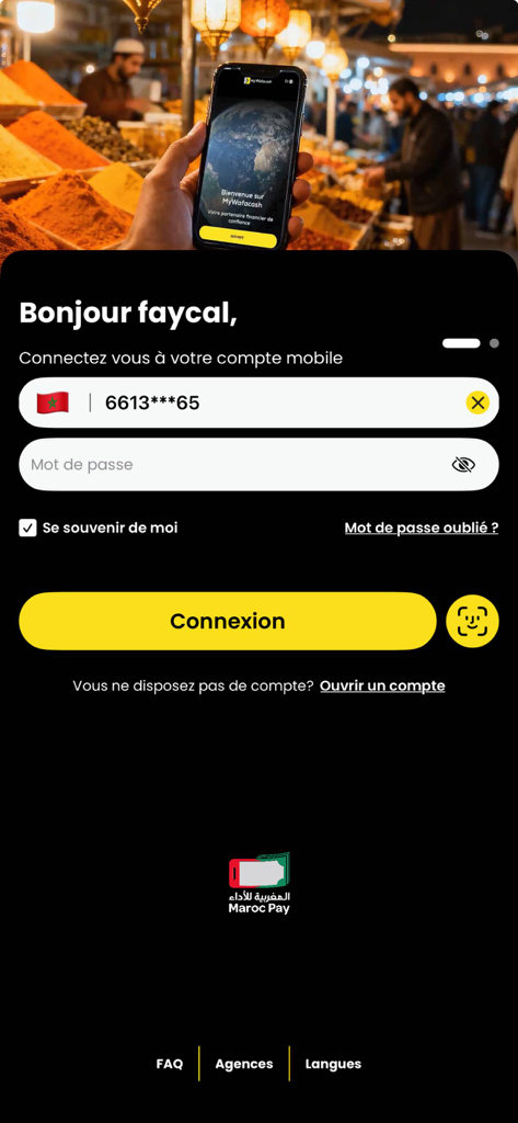 Pantalla de inicio de sesión de la aplicación móvil myWafacash que muestra campos de autenticación de cuenta y opción de inicio de sesión biométrico