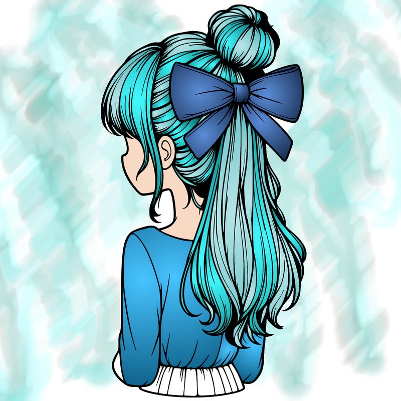 realistic girl  with hip length hair a bun and a big bow on the back of head
