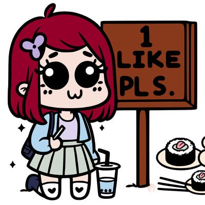 girl by sushi sign saying 1 like pls