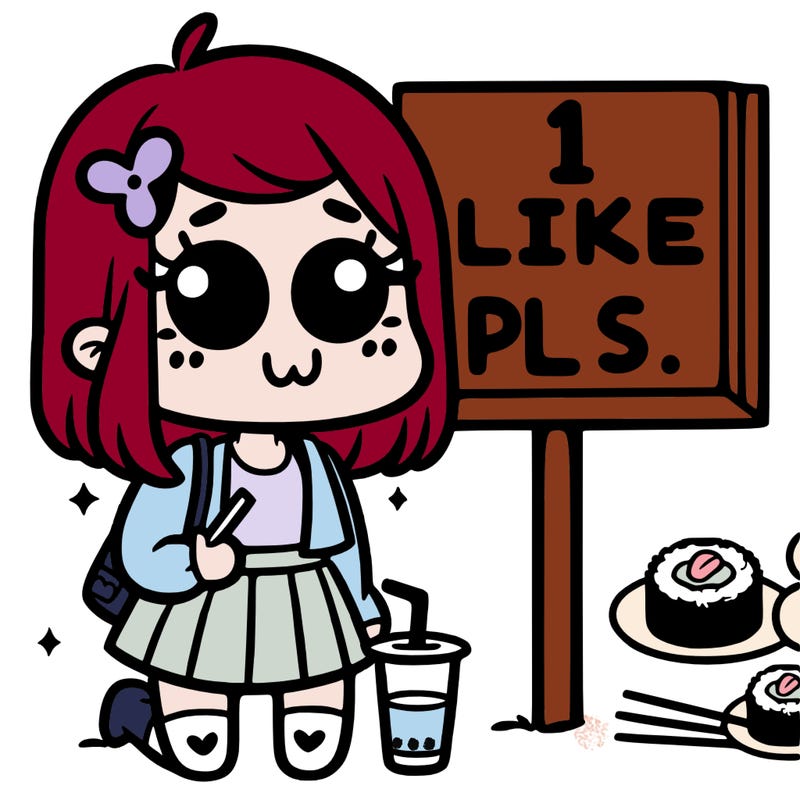 girl by sushi sign saying 1 like pls