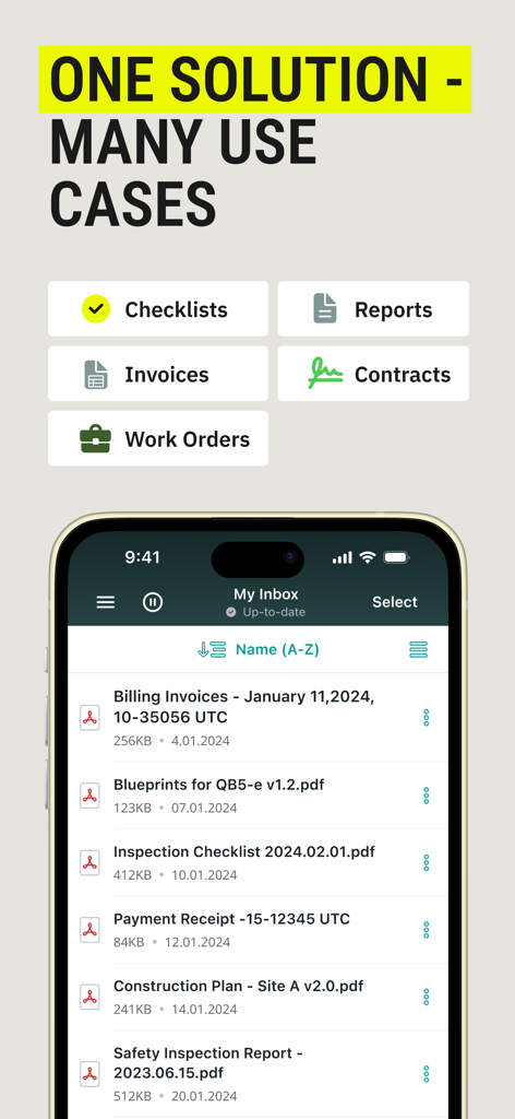 Fluix Docs app displaying document categories and an inbox of PDF reports and invoices