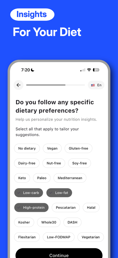 GROC AI - A screen in the GROC AI app allowing users to select dietary preferences like vegan or keto to personalize their nutrition insights.