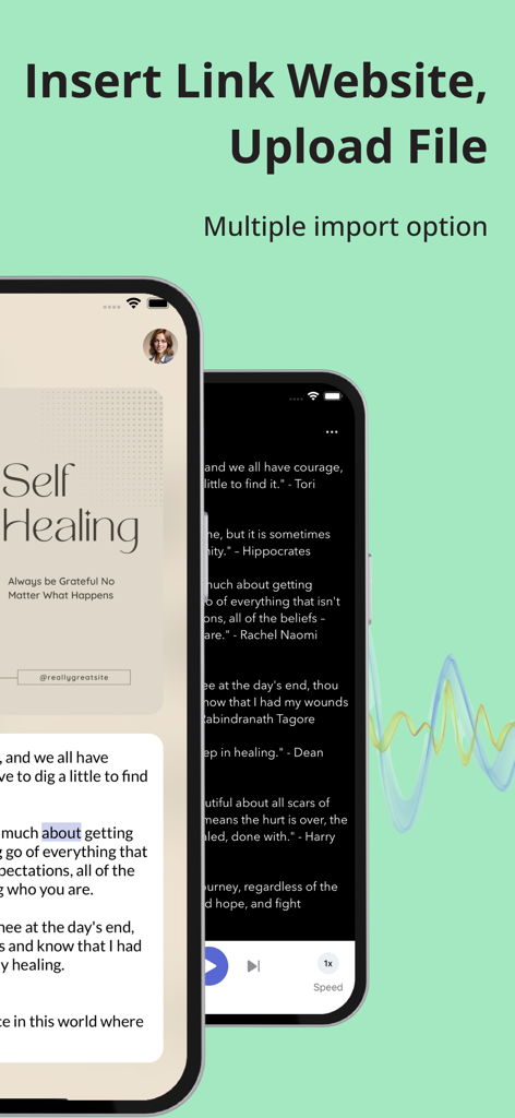 AI Reader: Text To Speech - AI Reader app screen showing options to insert website links and upload files for text to speech conversion.