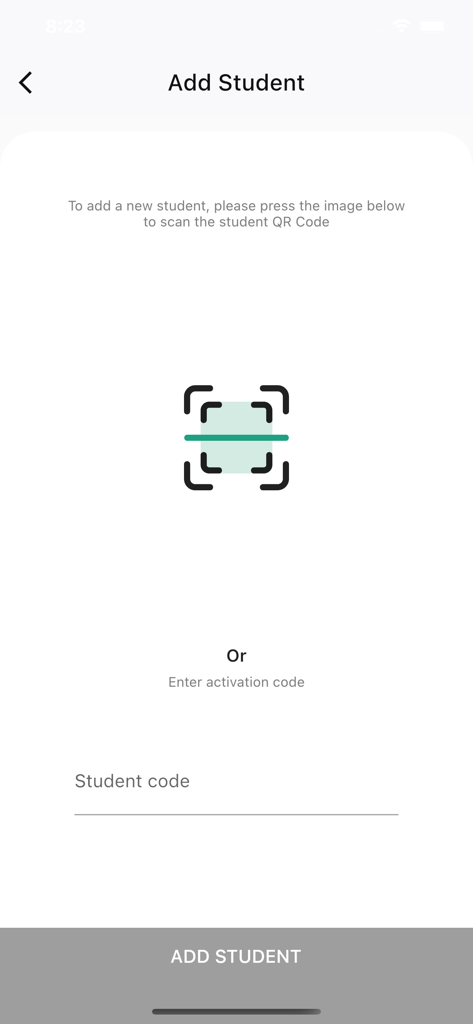 DirectSchool app screen to add a student using a QR code scanner or a manual activation code