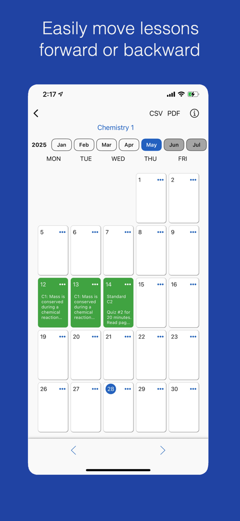 Class Planner (cloud) - Class Planner app calendar interface showing lesson plans for a chemistry class and the ability to move lessons