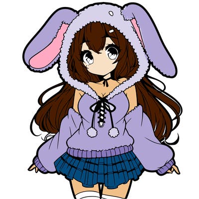 pretty anime girl wearing a fluffy hoodie with bunny ears on the hood and a skirt