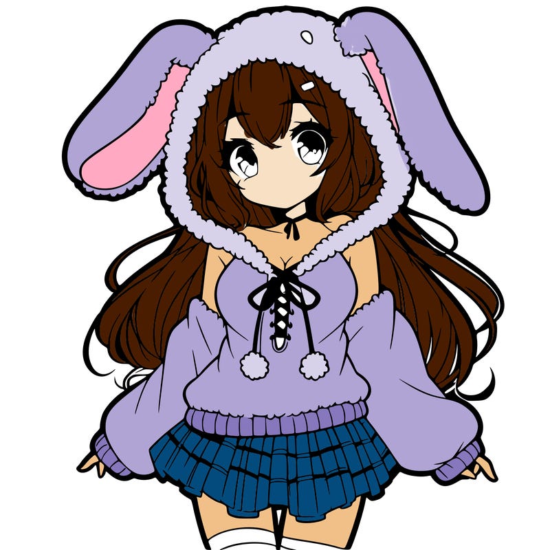 pretty anime girl wearing a fluffy hoodie with bunny ears on the hood and a skirt