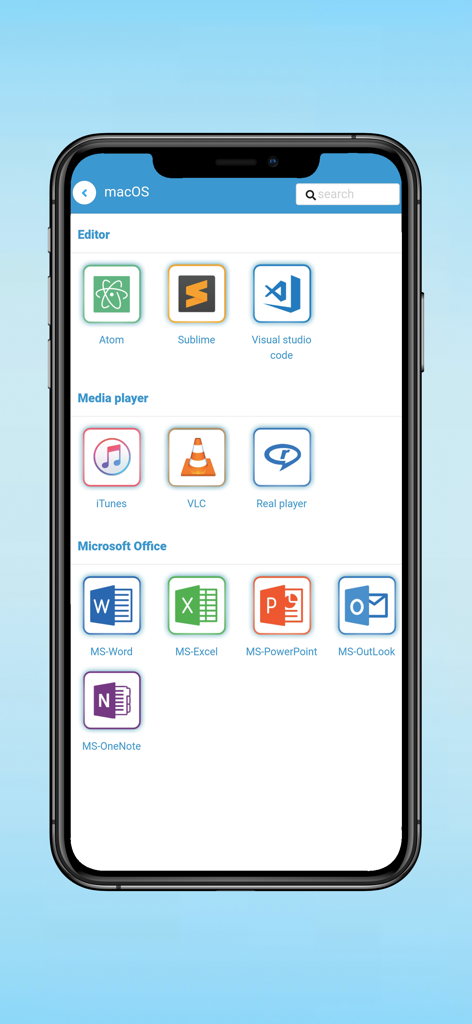 Learn keyboard Shortcut keys - App screen showing keyboard shortcut categories for macOS software including editors, media players, and Microsoft Office apps