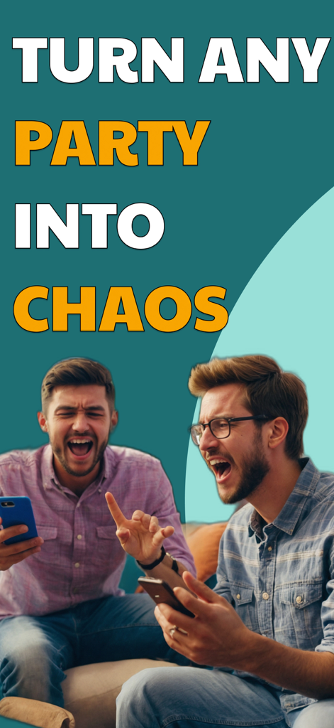 Two young men shouting and laughing while playing the Hot Phrase party game on their mobile phones