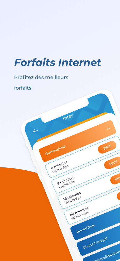 MyMoov mobile app displaying international calling and internet plans for West African countries like Burkina Faso and Mali