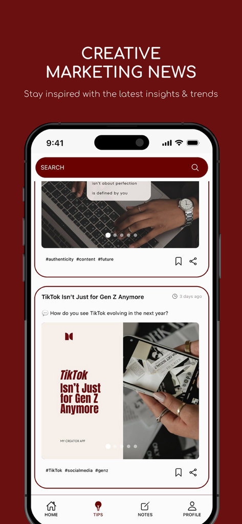 A smartphone screen displaying the Creative Marketing News section of the My Creator App with insights on social media trends.