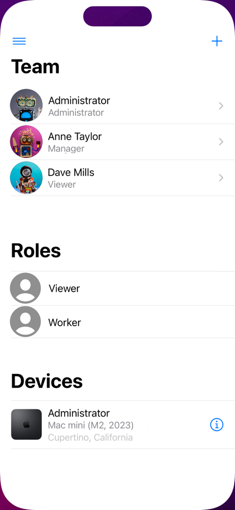 Scan Me - Product WebLink QR - Benutzerverwaltungsoberfläche zeigt Teammitglieder, Rollen und verbundene Geräte in der Scan Me App