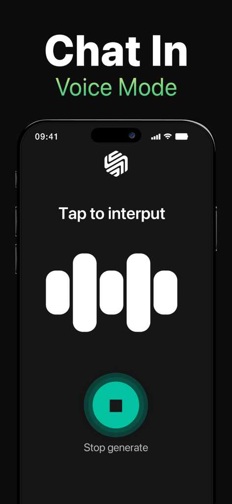 L'assistente AI di ChatIn mostra l'interfaccia della modalità vocale con un'icona di visualizzazione dell'onda sonora e un pulsante di arresto