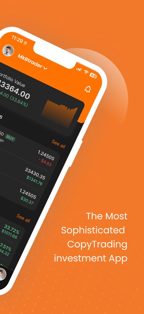 Interface do aplicativo móvel ZuluTrade exibindo o valor do portfólio e recursos de copy trading em um smartphone