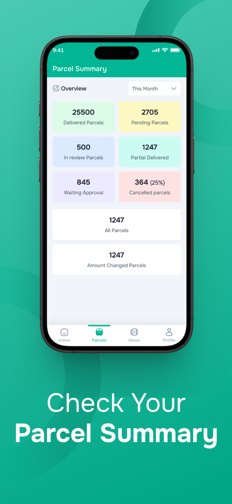SteadFast Merchant - SteadFast Merchant 앱에 배송 완료, 보류, 취소된 배송 통계가 포함된 월간 소포 개요가 표시됩니다.