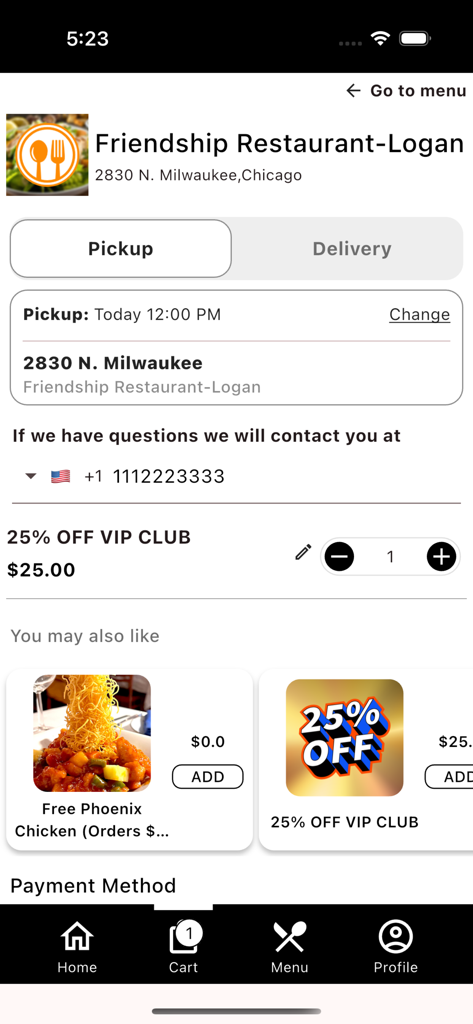 Friendship Restaurant - Schermata di pagamento dell'app Friendship Restaurant che mostra opzioni di ritiro e un'offerta di iscrizione al VIP club