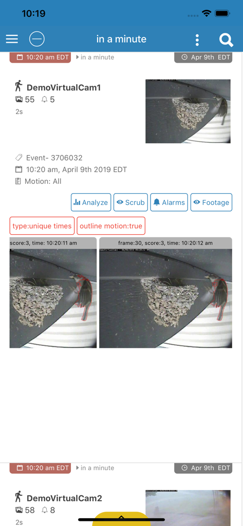 zmNinja-pro - zmNinja-pro app screen showing motion detection event analysis and camera footage