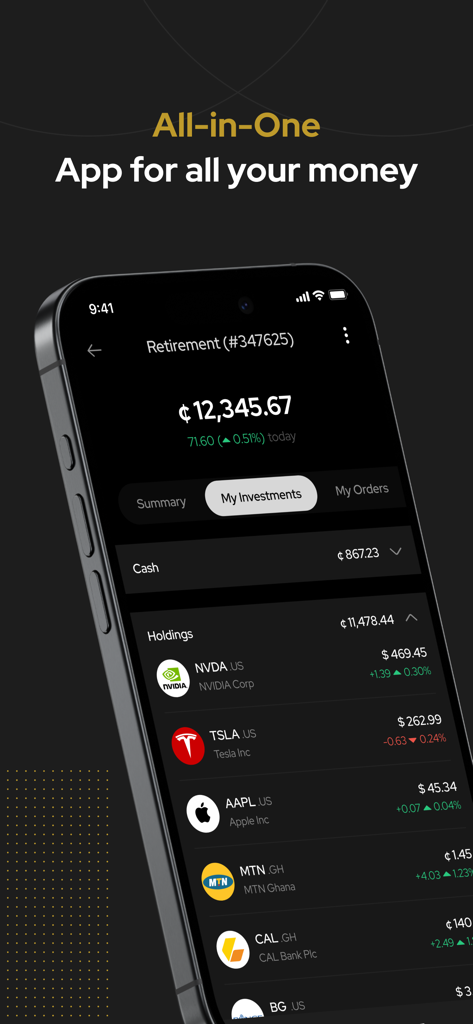 Black Star - A better way. - Black Star mobile app showing a retirement investment portfolio with stock holdings in dark mode